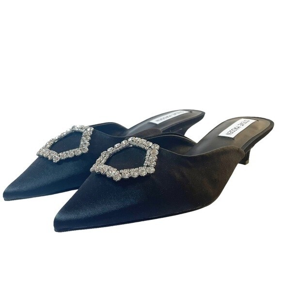 NWT Steve Madden Kees Black Satin Rhinestone Buckle Kitten Heel Mule Size 8.5 - Picture 5 of 16